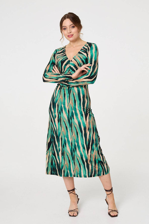 Green | Abstract Print Ruched V-Neck Midi Dress
