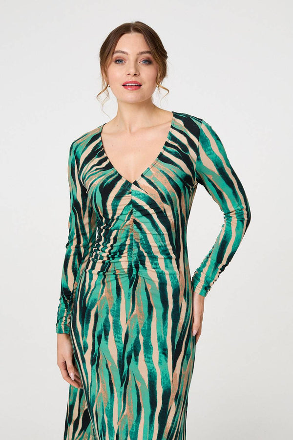 Green | Abstract Print Ruched V-Neck Midi Dress
