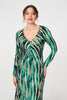 Green | Abstract Print Ruched V-Neck Midi Dress
