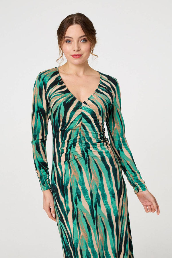 Green | Abstract Print Ruched V-Neck Midi Dress
