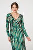 Green | Abstract Print Ruched V-Neck Midi Dress
