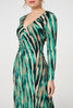 Green | Abstract Print Ruched V-Neck Midi Dress
