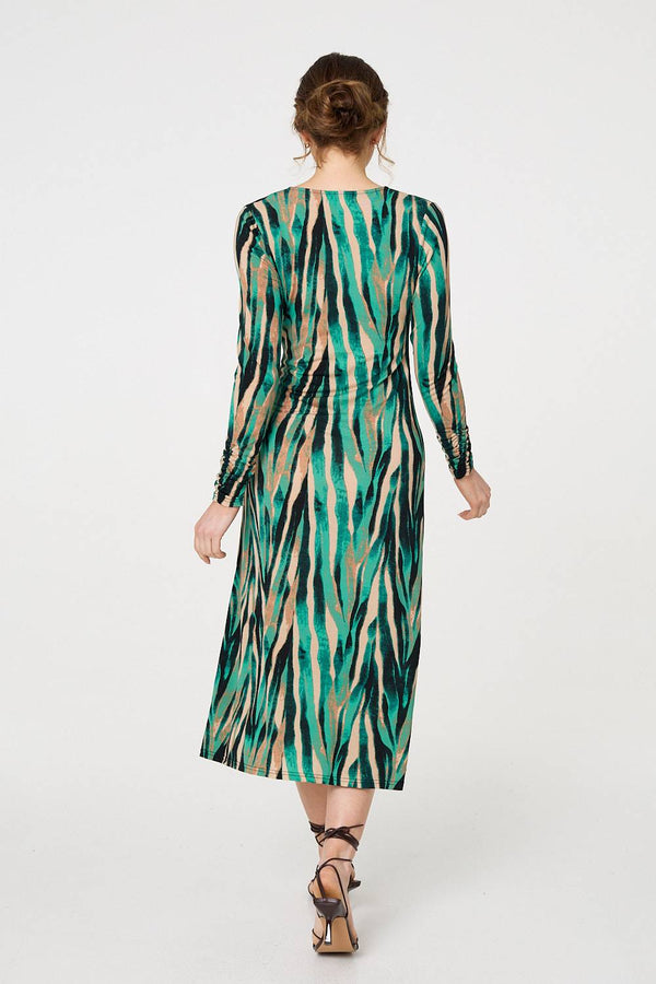 Green | Abstract Print Ruched V-Neck Midi Dress
