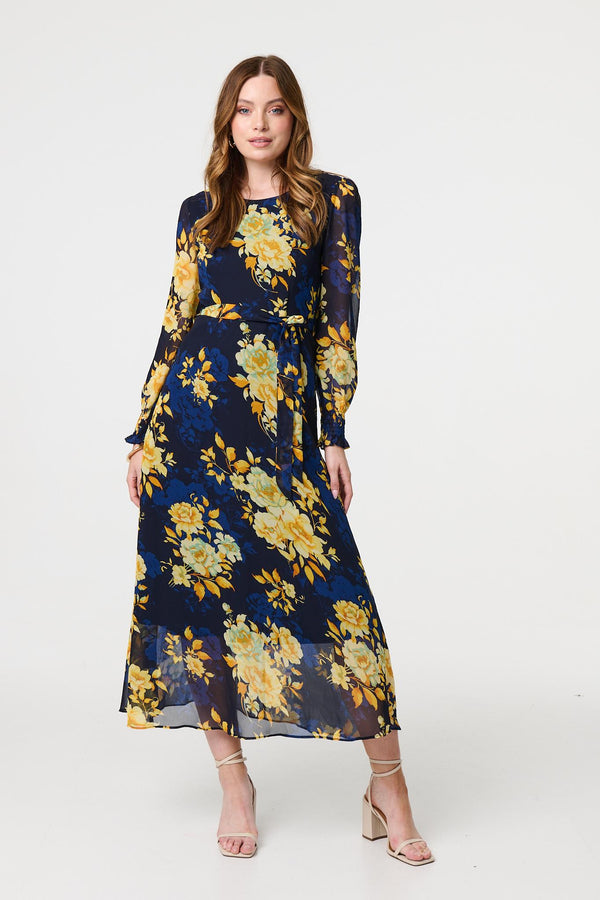 Navy | Floral Long Sleeve Chiffon Midi Dress
