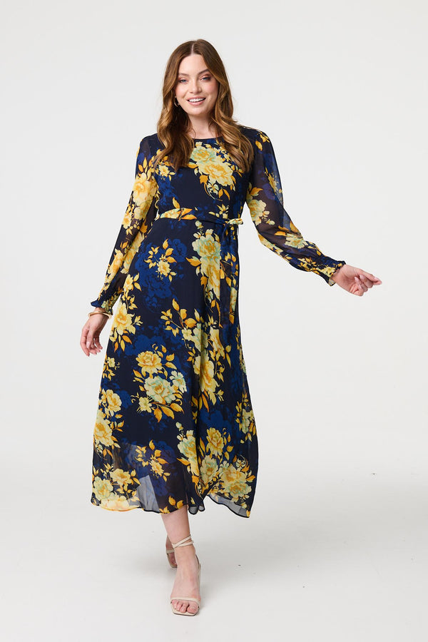 Navy | Floral Long Sleeve Chiffon Midi Dress
