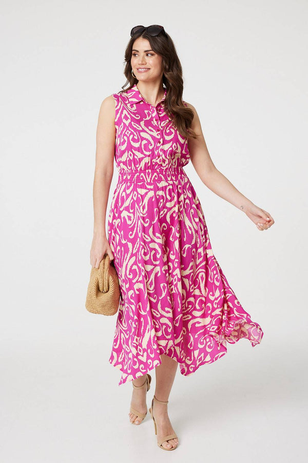 Pink | Ikat Print Sleeveless Shirt Dress