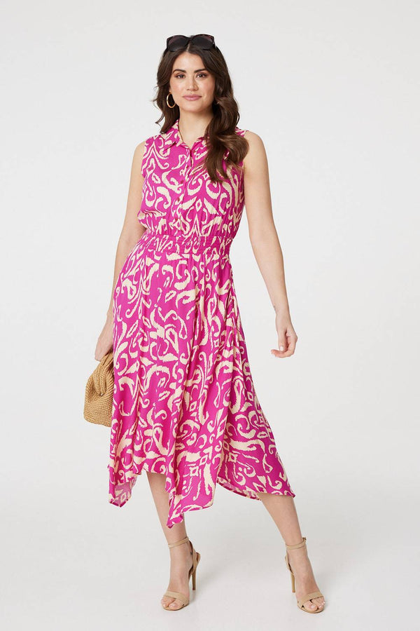 Pink | Ikat Print Sleeveless Shirt Dress