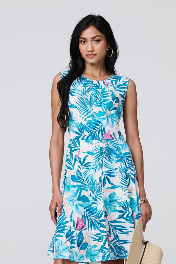 Blue | Tropical Print Sleeveless Knee Length Dress