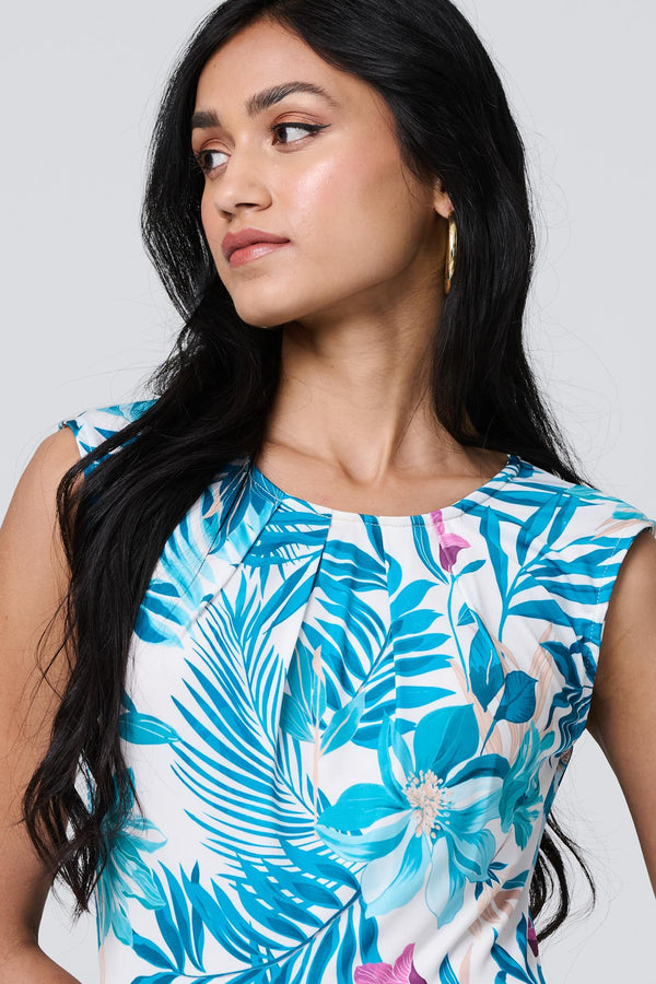 Blue | Tropical Print Sleeveless Knee Length Dress