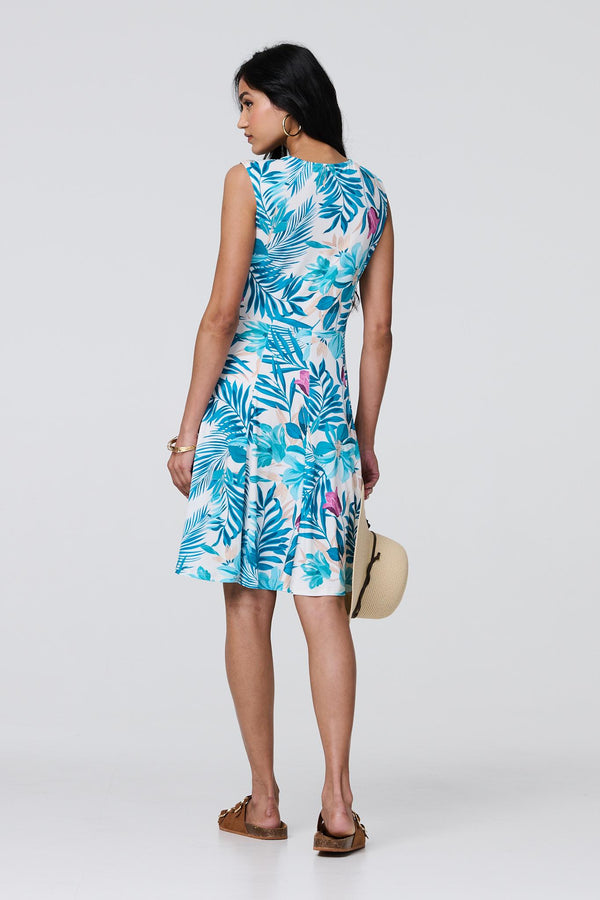 Blue | Tropical Print Sleeveless Knee Length Dress