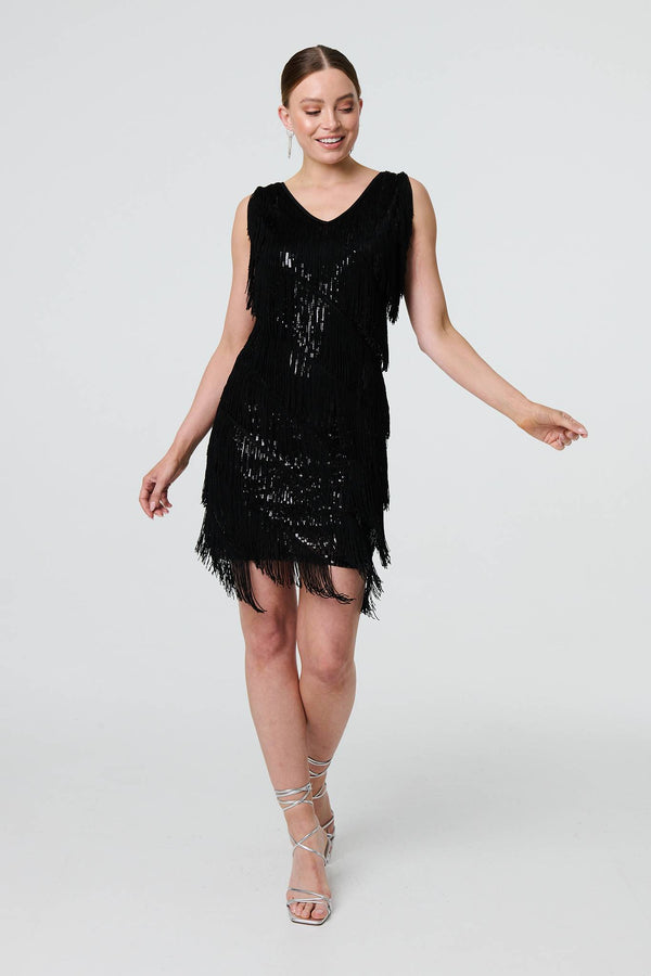 Black | Sequin Tassel Fringed Mini Dress