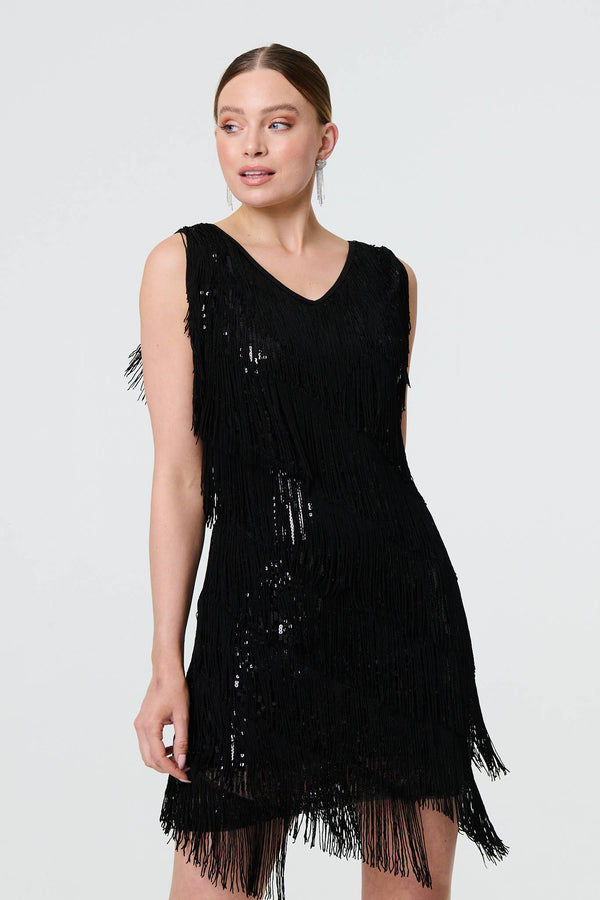 Black | Sequin Tassel Fringed Mini Dress : Model is 5'9"/175 cm and wears UK8/EU36/US4/AUS8