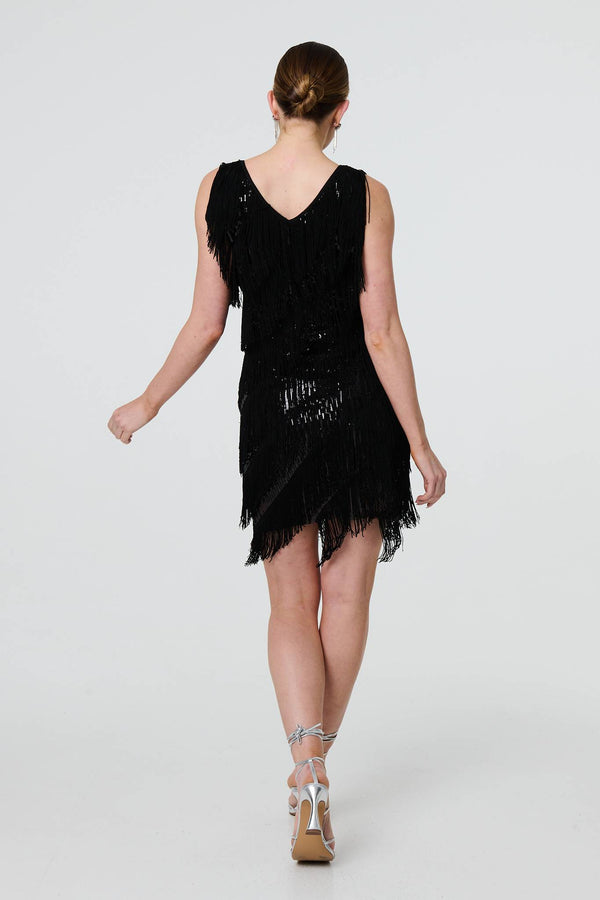 Black | Sequin Tassel Fringed Mini Dress