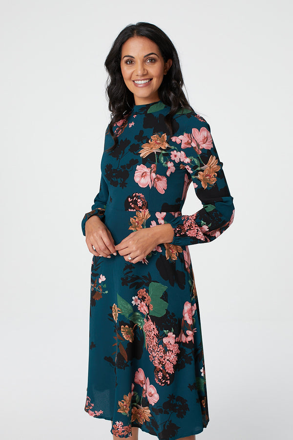 Teal | Floral High Neck Midi Dress