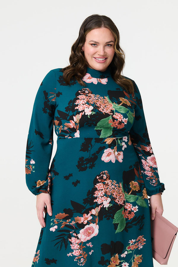 Teal | Floral High Neck Midi Dress