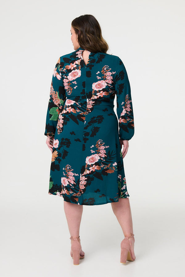 Teal | Floral High Neck Midi Dress