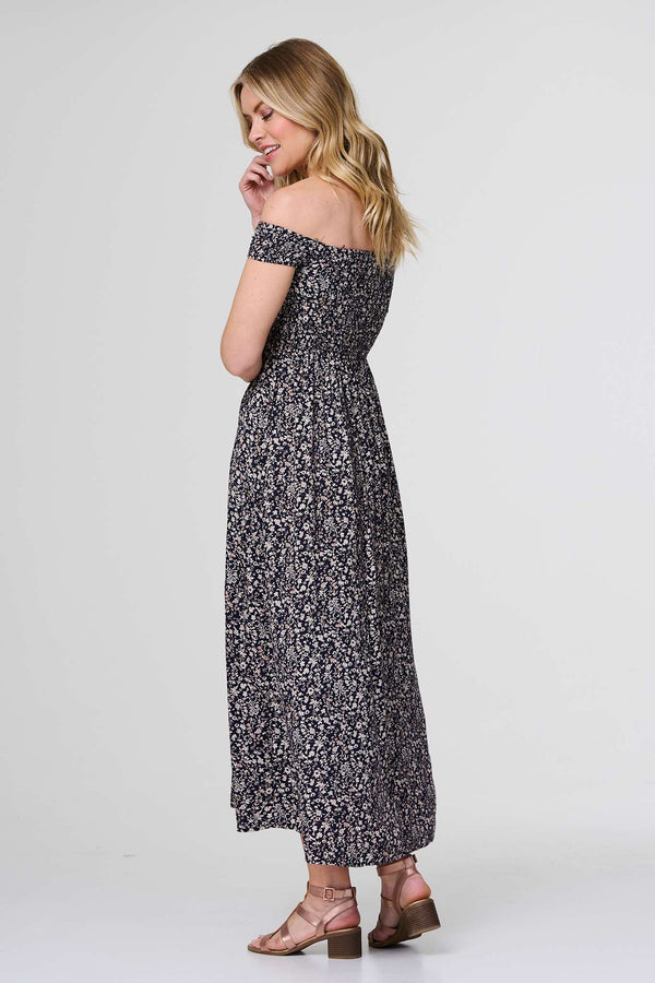 Navy | Ditsy Floral Bardot Smock Dress