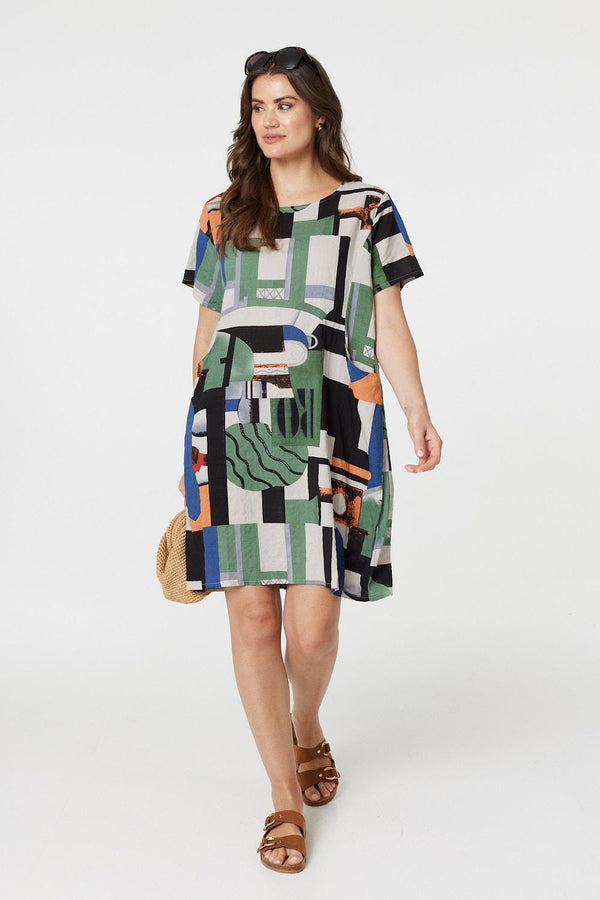 Green | Printed Pocket Short Sleeve Shift Dress