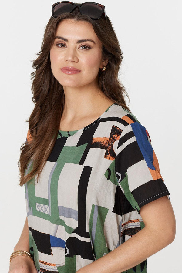 Green | Printed Pocket Short Sleeve Shift Dress