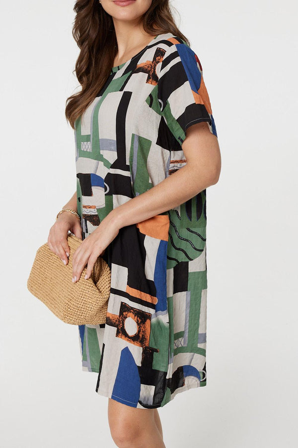 Green | Printed Pocket Short Sleeve Shift Dress