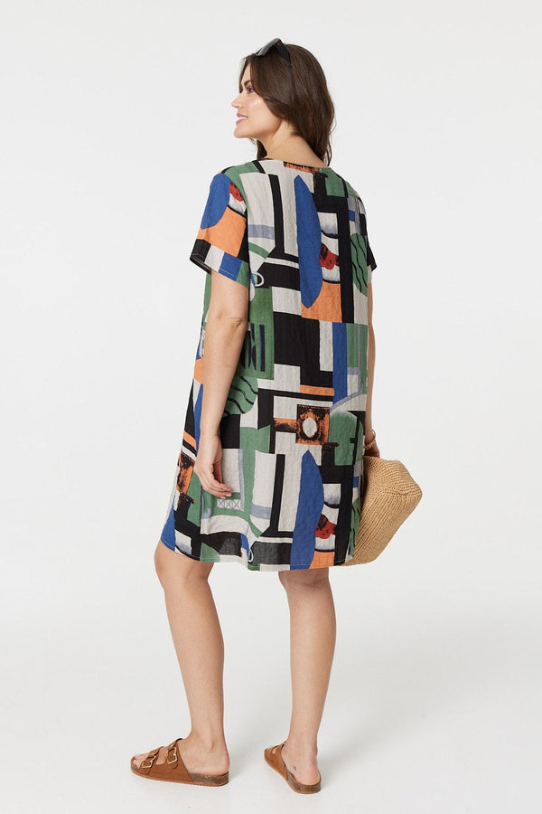 Green | Printed Pocket Short Sleeve Shift Dress