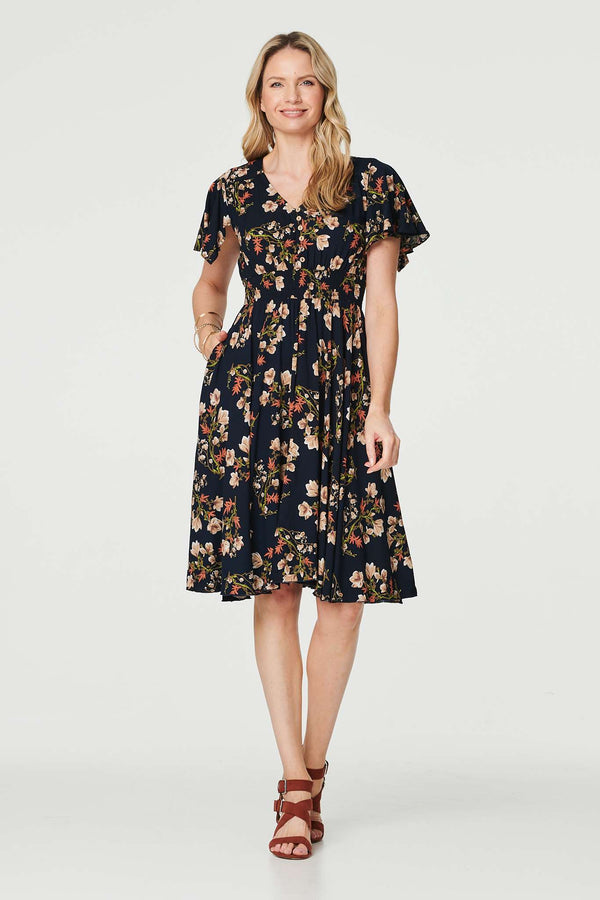 Navy | Floral Angel Sleeve Short Dress : Model is 5'10"/178 cm and wears UK10/EU38/US6/AUS10