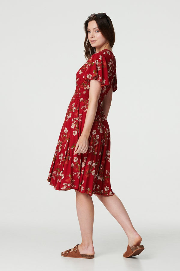 Red | Floral Angel Sleeve Short Dress