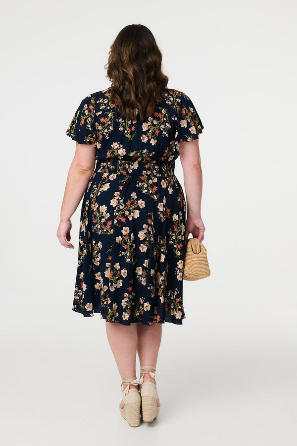 Navy | Floral Angel Sleeve Short Dress