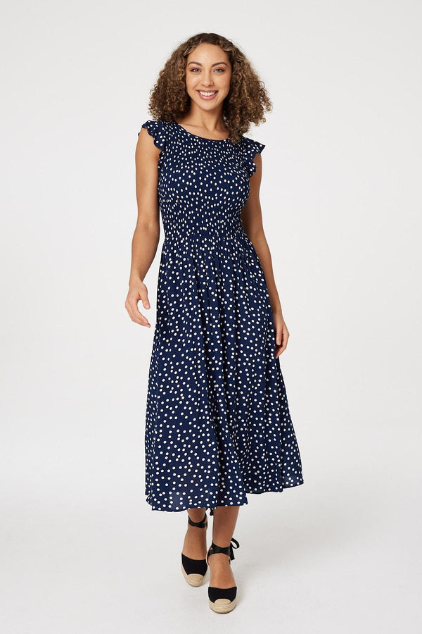 Navy | Polka Dot Cap Sleeve Midi Dress : Model is 5'8"/172 cm and wears UK8/EU36/US4/AUS8