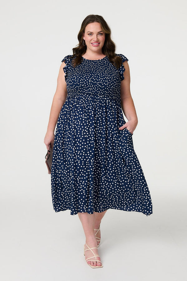 Navy | Polka Dot Cap Sleeve Midi Dress : Model is 5'8"/172 cm and wears UK18/EU46/US14/AUS18