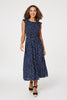 Navy | Polka Dot Cap Sleeve Midi Dress : Model is 5'8