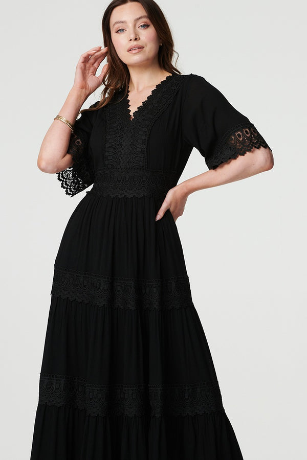 Black | Short Sleeve Crochet Maxi Dress