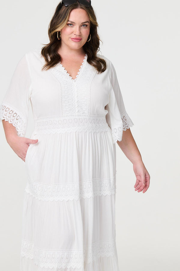 White | Short Sleeve Crochet Maxi Dress