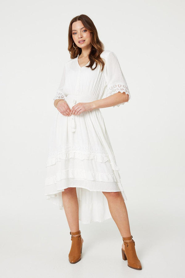 White | Lace Trim 3/4 Sleeve High Low Sundress