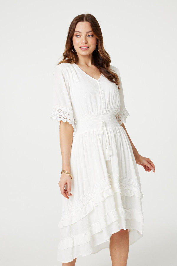 White | Lace Trim 3/4 Sleeve High Low Sundress