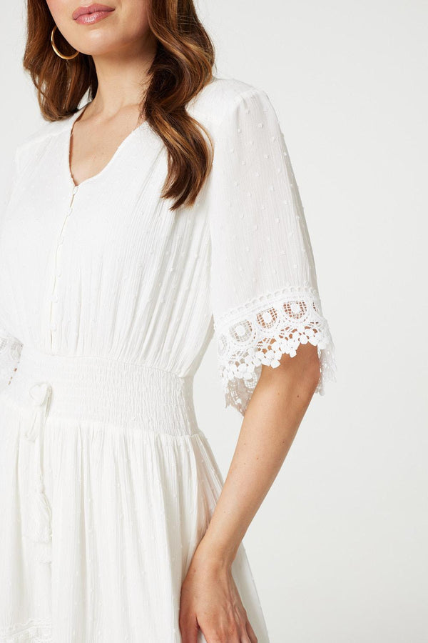 White | Lace Trim 3/4 Sleeve High Low Sundress