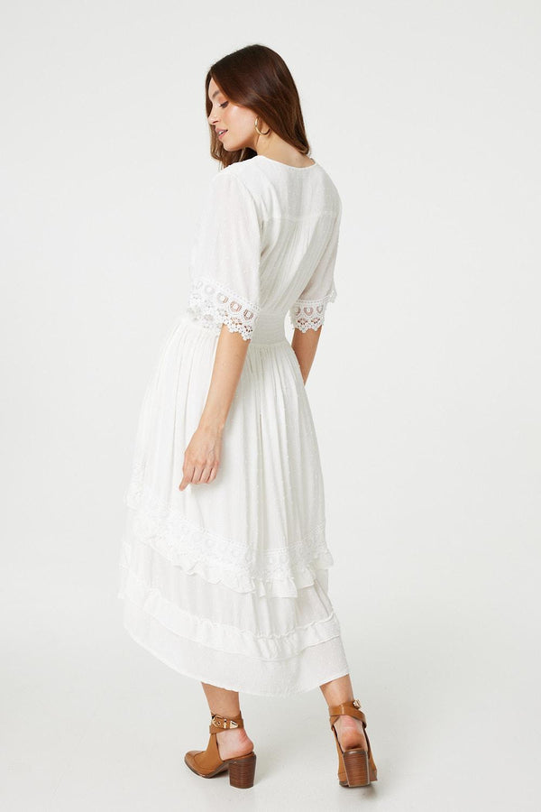 White | Lace Trim 3/4 Sleeve High Low Sundress