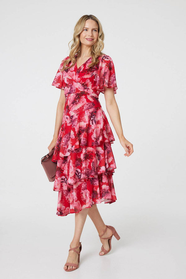 Red | Floral Asymmetric Ruffled Midi Dress