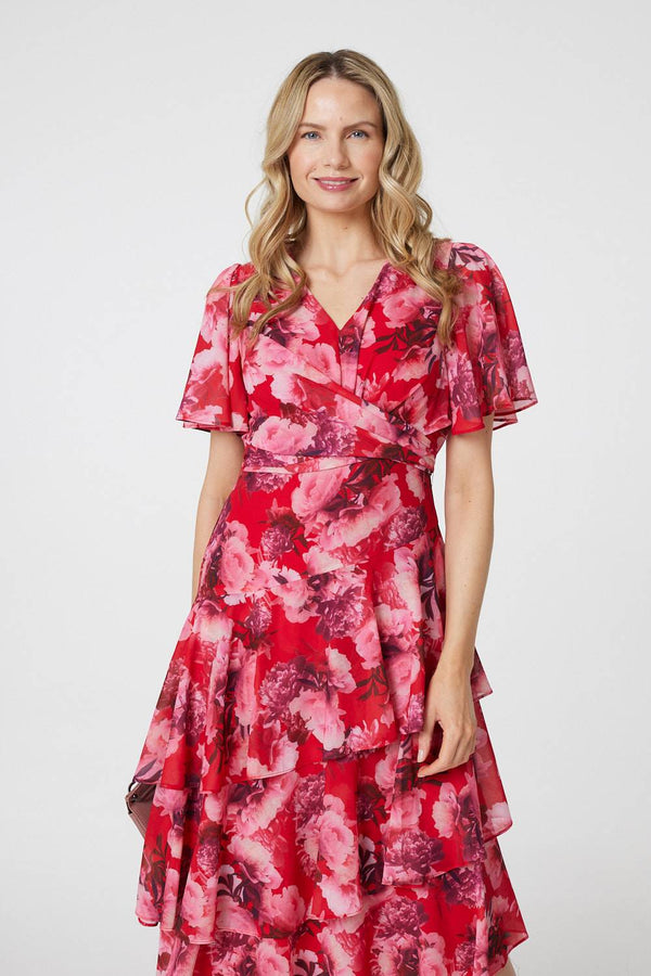 Red | Floral Asymmetric Ruffled Midi Dress