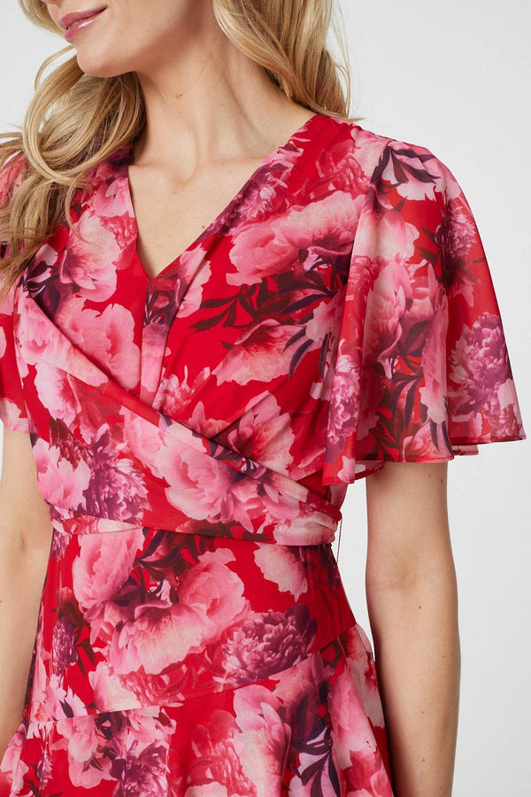 Red | Floral Asymmetric Ruffled Midi Dress