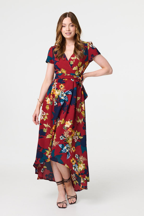 Burgundy | Floral High Low Wrap Maxi Dress : Model is 5'9"/175 cm and wears UK8/EU36/US4/AUS8