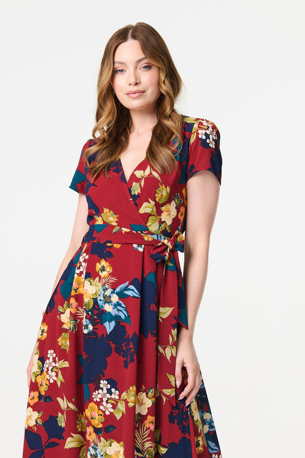 Burgundy | Floral High Low Wrap Maxi Dress