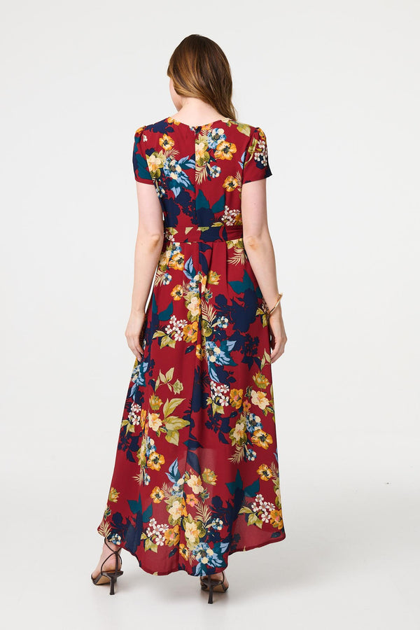 Burgundy | Floral High Low Wrap Maxi Dress