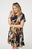 Navy | Leaf Print Frilled Knee Length Shift Dress