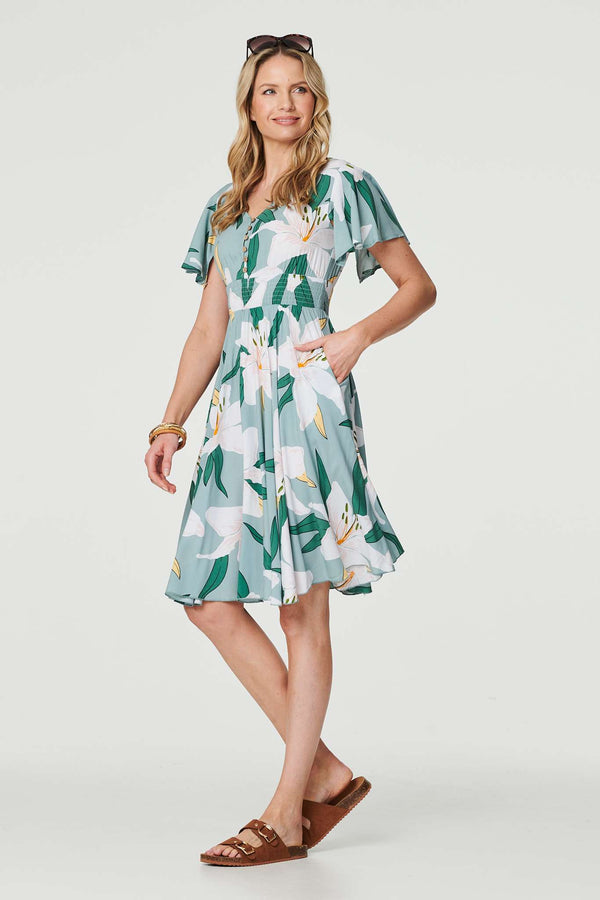 Green | Floral Knee Length Skater Dress