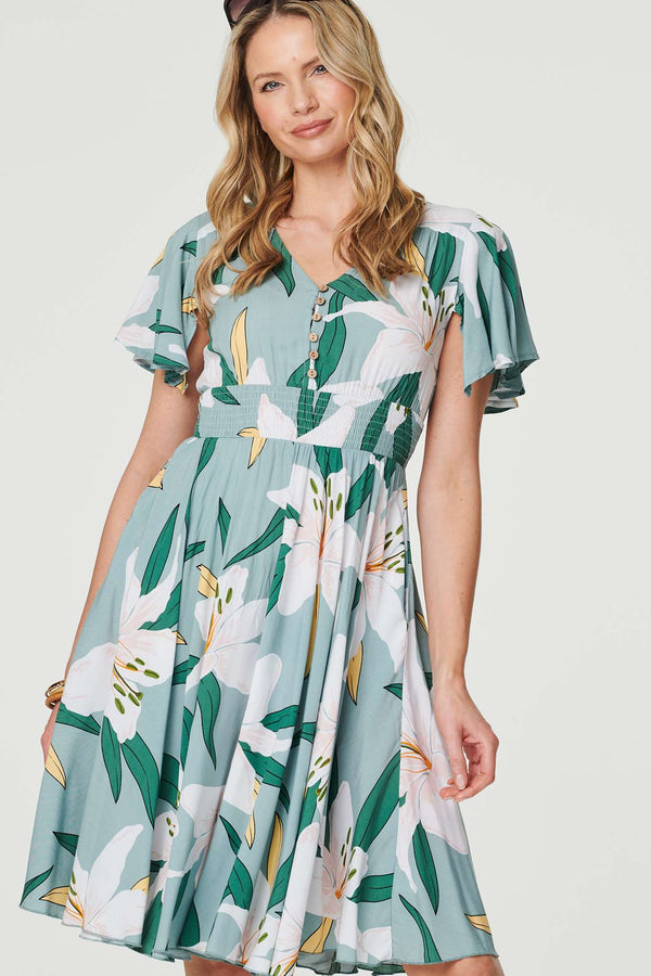 Green | Floral Knee Length Skater Dress