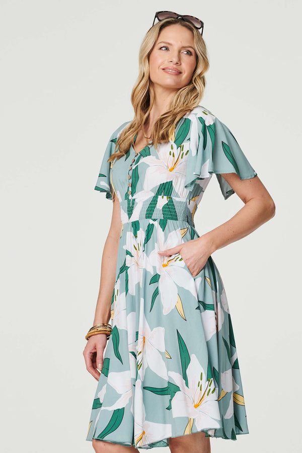 Green | Floral Knee Length Skater Dress