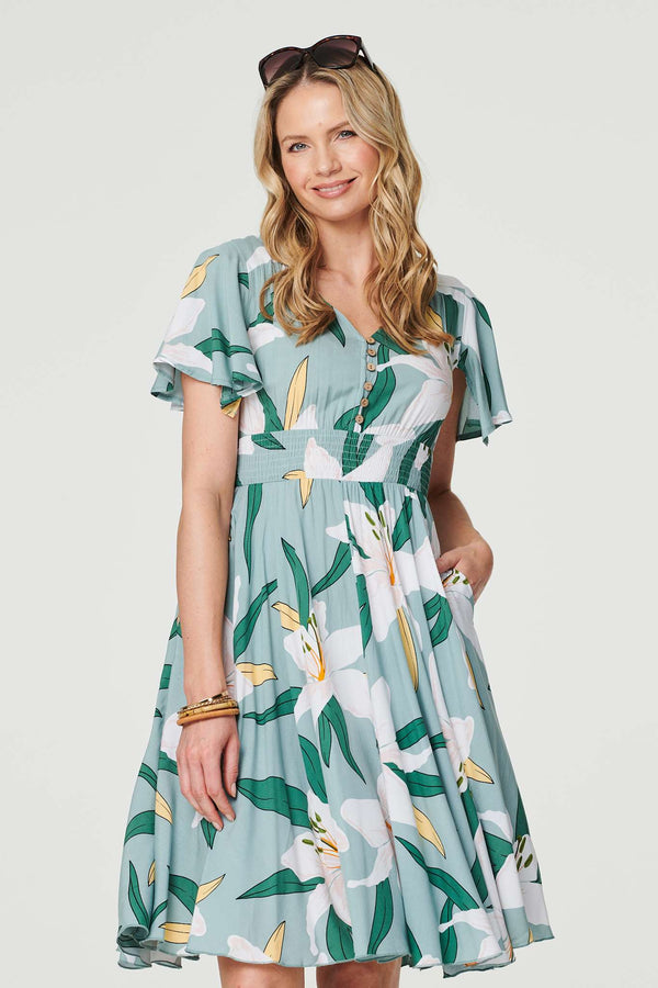 Green | Floral Knee Length Skater Dress