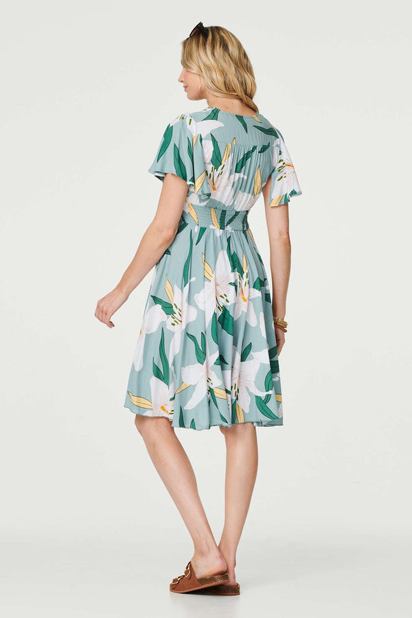 Green | Floral Knee Length Skater Dress