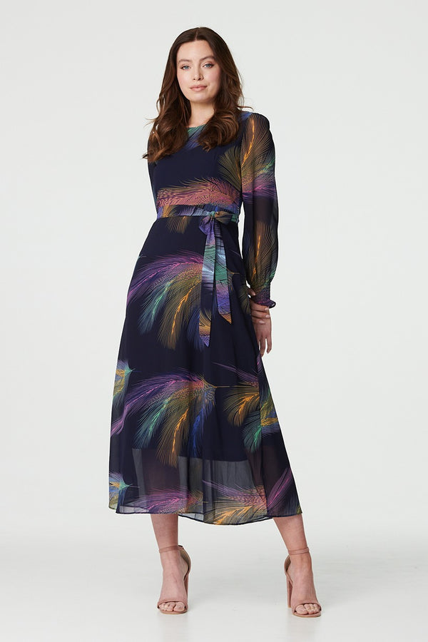 Navy | Printed Long Sleeve Midi Dress : Model is 5'9"/175 cm and wears UK8/EU36/US4/AUS8